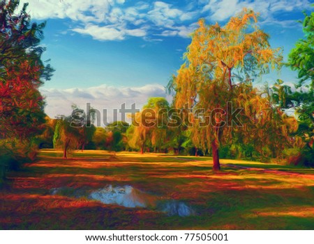 Landscape painting showing colorful park on the sunny autumn day.