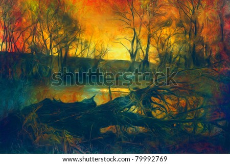 Colorful landscape painting showing dead tree and small lake at sunset.