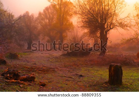 Landscape painting showing creepy old forest on misty autumn morning.