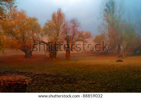 Landscape painting showing creepy forest on moody autumn day.