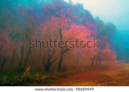 Landscape painting showing forest trees on misty autumn morning.