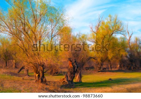 Landscape painting showing old forest on beautiful spring day.