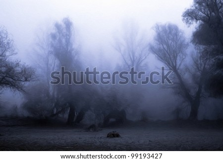 Creepy landscape painting showing dark forest on misty autumn day.