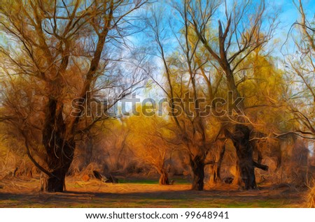 Landscape painting showing old forest on sunny spring day.