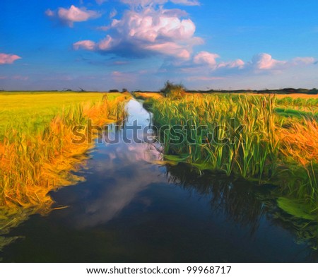 Landscape painting showing clear river water surrounded by vegetation on sunny spring day.