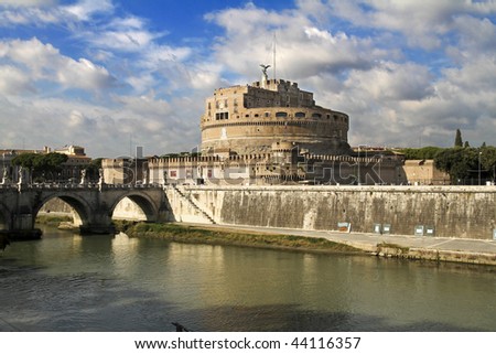 view across the river to Angel\'s Castle and Bridge in Rome