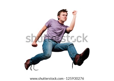 young man in jeans run away isolated white