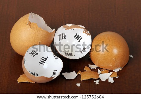 Broken egg shell closeup on brown background
