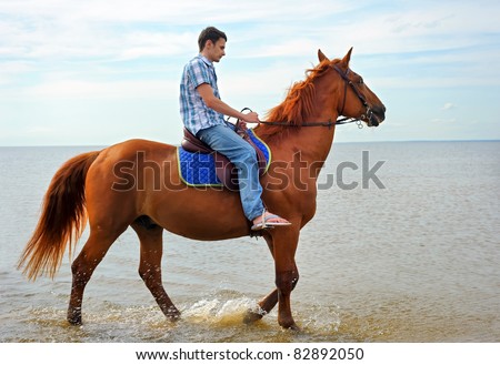Man riding on a brown horse in a motion