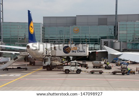 FRANKFURT, GERMANY - MAY 19: Aircrafts standing near the terminal 1 at Frankfurt/Main airport on May 19, 2013. It`s a one of the busiest airport in Europe.