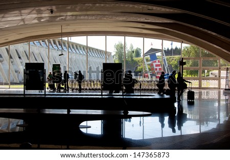 BILBAO, SPAIN - MAY 19: The modern Loiu Bilbao airport. It was inaugurated in 2000 and this airport was designed by architect Santiago Calatrava, MAY 19, 2013 in Bilbao, Basque Country, Spain