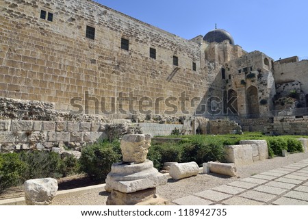 Archaeological park near Western Wall in old city of Jerusalem, Israel.