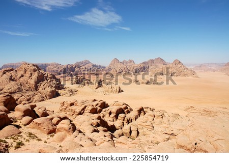 Arid mountain landscape in Wadi Rum desert in Jordan.