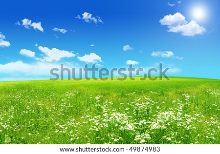 A photo of a blue sky and a green field