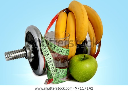 A healthy food and sports on a white background