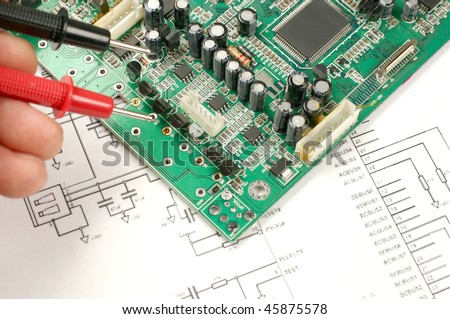 printed circuit board  with electronic chips and electronic scheme