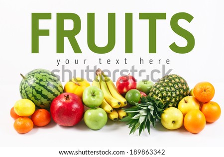 Fruits on white background with space for text.