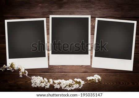 Blank photo frame with summer flowers on wood background for design or montage