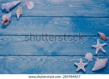 Sea and marine items such as seashells on wooden background.