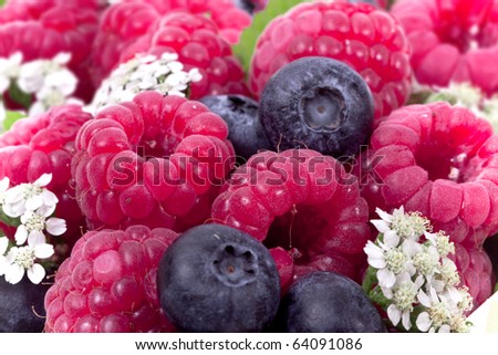 Full frame ripe raspberry and blueberries