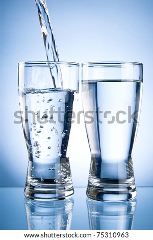 Pouring water into glasson and Glass of water on a blue background