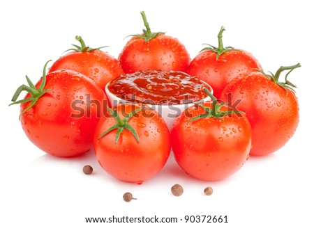stock photo Bowl with fresh ketchup and six wet juicy ripe tomatoes 