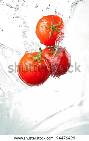 Three Fresh red Tomatoes in splash of water Isolated on white background