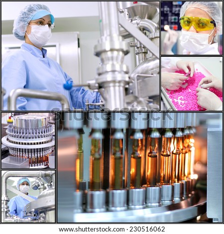 Pharmaceutical Manufacturing Technology. Collage of photographs  presenting pharmaceutical concept. Pharmaceutical industry. Medicine manufacturing. Pharmaceutical workers at work.