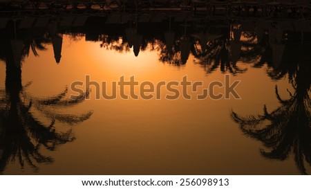 Palm Trees Silhouettes Reflection in the Water at Sunset.\
Palm Trees Summer Sunset. Idyllic tropical sunset. Travel Destination. Summer Resort.