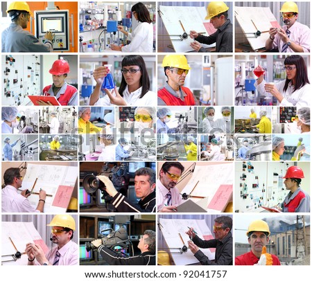 Collage of images with people from different professions at work.\
People at work. Professional Occupation. Working People.
