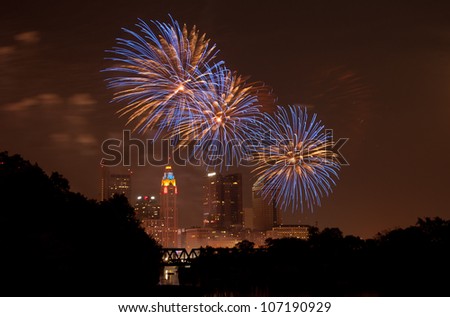 A downtown fireworks display in Columbus Ohio. The fireworks show is called Red, White, & Boom and attracts nearly 500,000 people.