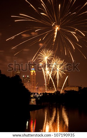 A downtown fireworks display in Columbus Ohio. The fireworks show is called Red, White, & Boom and attracts nearly 500,000 people.