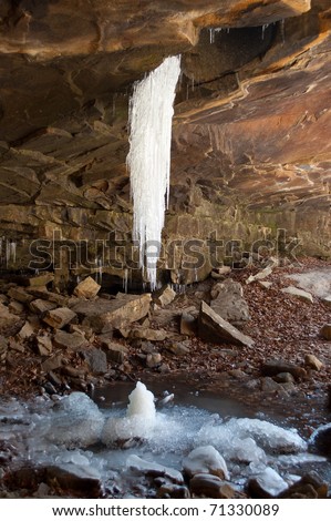 Side view of the frozen glory hole waterfall after temperatures got down into the single digits.