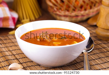 served tomato soup on table. russian cuisine