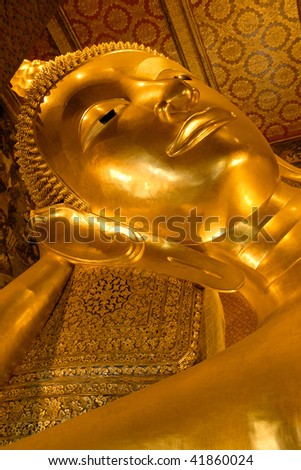 The head of the Reclining Buddha. Wat Pho, Bangkok, Thailand