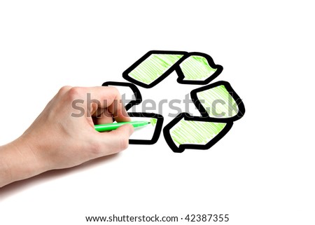 A male hand coloring in a recycling logo.