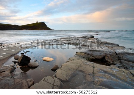 A rock pool at low tide in a rock on the beach of Kimmeridge Bay in Dorset, UK.