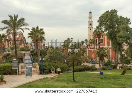 Tel Aviv, ISRAEL - November 2, 2014 : Chic and trendy compound of Sarona in Tel aviv, based on a Templar era German architecture from the late 1800\'s houses converted into stores and cafes