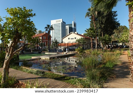 Tel Aviv, ISRAEL - December 25, 2014 : Chic and trendy compound of Sarona in Tel aviv, based on a Templar era German architecture from the late 1800\'s houses converted into stores and cafes
