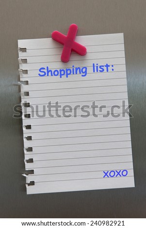 Shopping list note on a fridge door with magnet