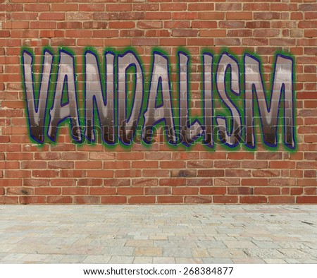 Vandalism graffiti on a brick wall street scene