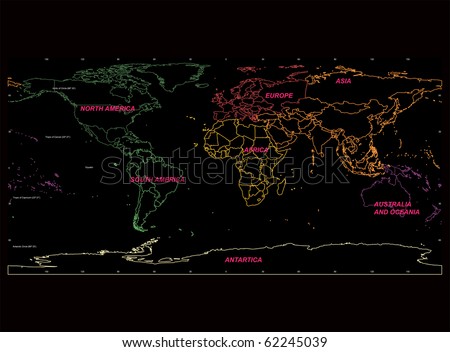 world map continents countries. stock vector : Detailed World