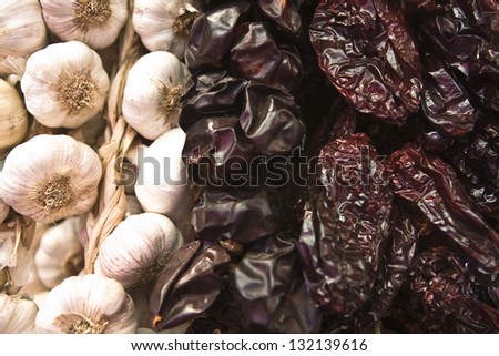 Dry garlic and Ã?Â±oras, Malaga food market, Spain