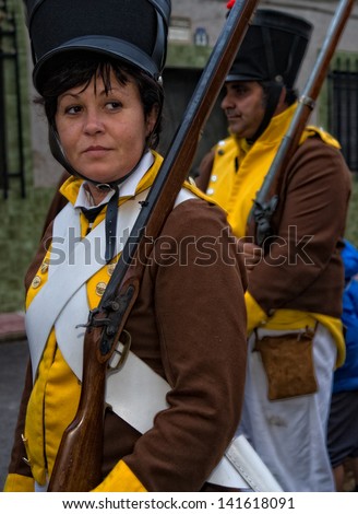 BADAJOZ REGION, SPAIN - MAY 18: Re-enactment of Albuera battle between French and allied nations armies (England, Spain and Portugal), in 1811. May 18, 2013 in La Albuera, Badajoz, Spain