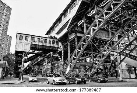 New York - Jun 22: Elevated Train Tracks And Station Buildings Cast The Streets Below Into Shadow In Harlmen Neighborhood, New York. Jun 22 2008