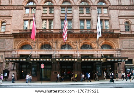 NEW YORK - JUNE 24: Carnegie Hall, shot of facade. On June 24, 2008, NY, USA. Home of the New York Philharmonic Orchestra, at 57th street and 7th avenue.