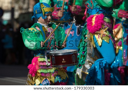BADAJOZ, SPAIN FEBRUARY 12: Performers take part in the Carnival parade of comparsas at Badajoz City, on February 12, 2013. One of the best carnivals in Spain, highlighting massive participation.