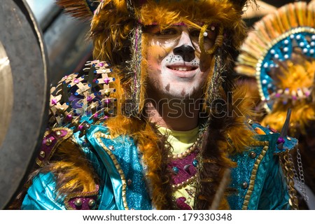 BADAJOZ, SPAIN FEBRUARY 12: Performers take part in the Carnival parade of comparsas at Badajoz City, on February 12, 2013. One of the best carnivals in Spain, highlighting massive participation.