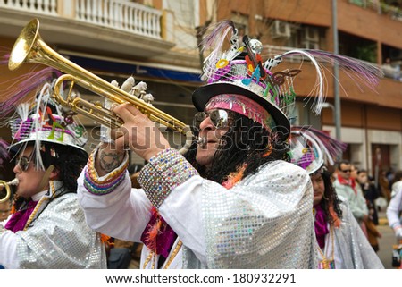 BADAJOZ, SPAIN, MARCH 4: Trumpet musician takes part in the Carnival parade of comparsas at Badajoz City, on March 4, 2014. This is one of the best carnivals in Spain