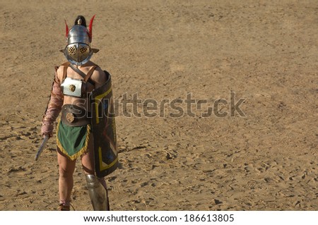 Performing of gladiators fighting of Merida\'s Amphitheater. Samnita on the sand